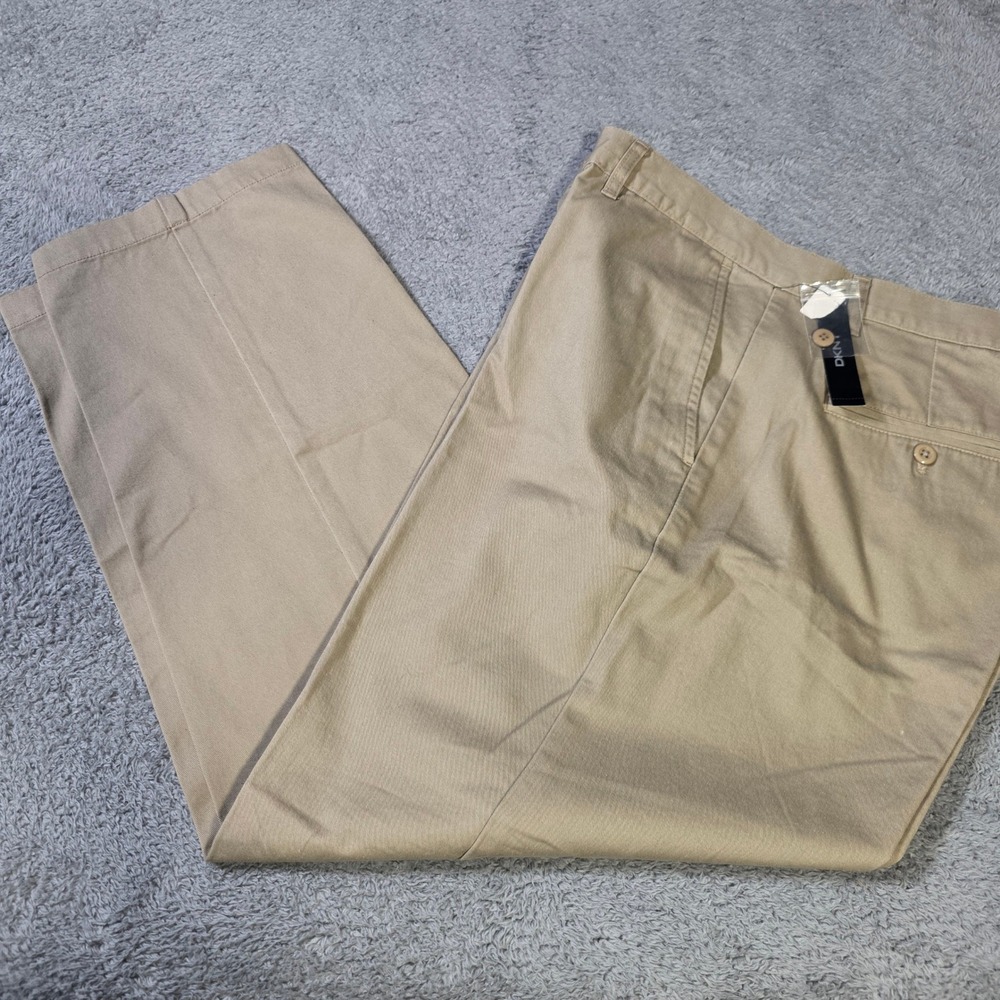 DKNY Mens 36/30 Chino Pants Khaki Tan Flat Front Cotton Straight Leg Trousers